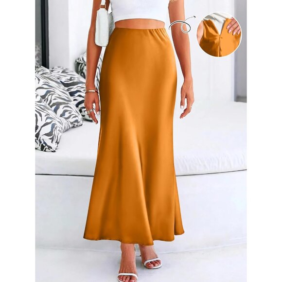 Elegant Satin Maxi Skirt for Women High Waisted Orange Silk Fall Dressy Casul - Picture 2 of 7